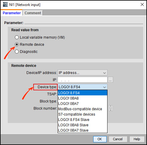 گزینه Device type در پنجره مشخصات ورودی NI حالت Remote device