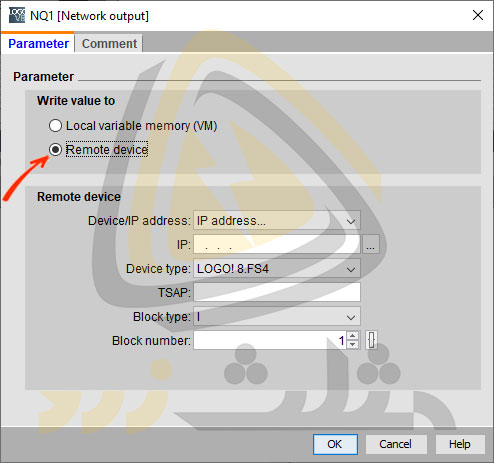 گزینه Remote device در پنجره مشخصات بلوک خروجی شبکه NQ