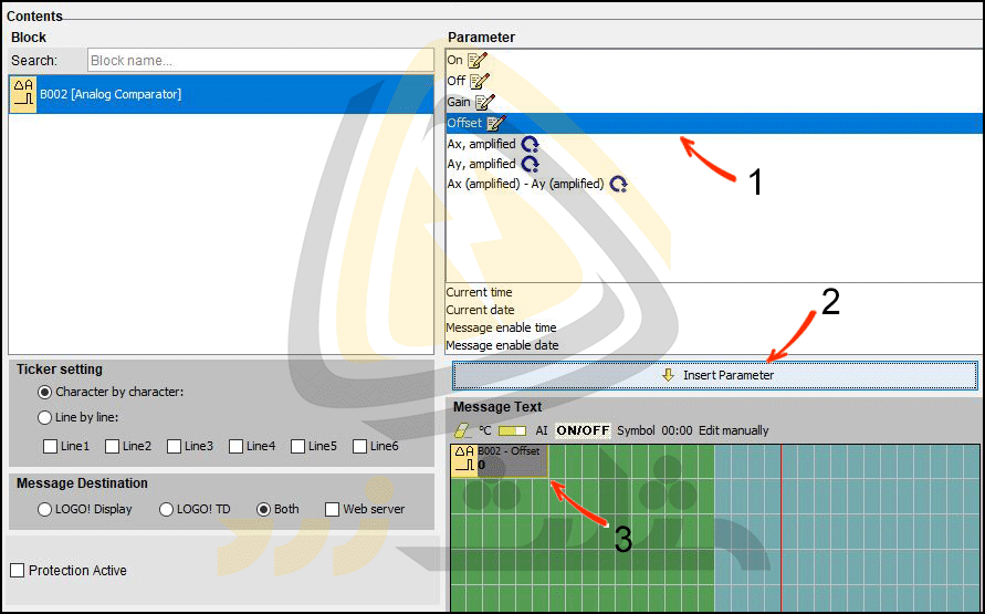 با کلیک روی گزینه Insert parameter، پارامتر انتخاب شده در پنجره ی Message area  ظاهر می شود