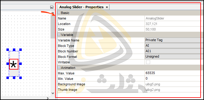 پنجره ی Analog slider – Properties